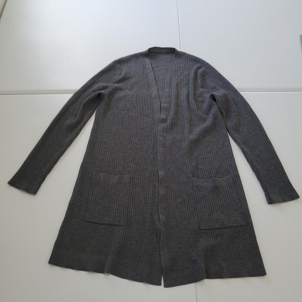 Eileen Fisher Sweater Cardigan Womens Large Gray Wool Ribbed Open Front Pockets